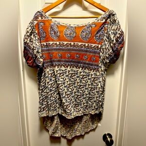 Free People Paisley BoHo Hi Lo Bubble Sleeve Tshirt